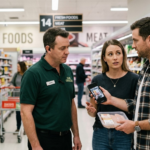 Australian couple raising a food safety concern with a supermarket staff member, showing a food product and smartphone in a supermarket aisle