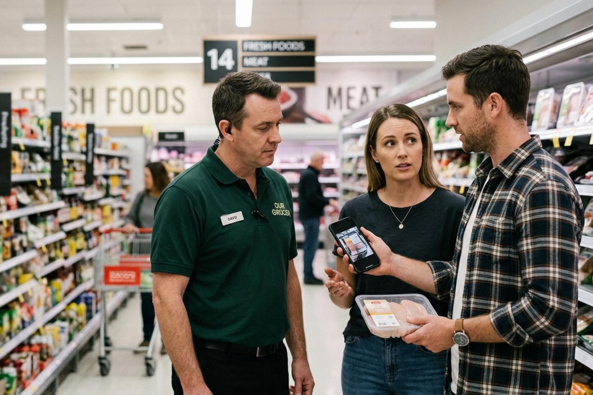 Australian couple raising a food safety concern with a supermarket staff member, showing a food product and smartphone in a supermarket aisle