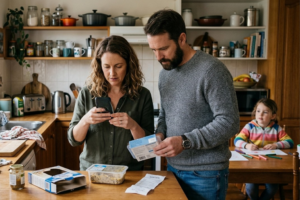 Australian family checking and photographing a questionable food product, with its packaging and receipt on the kitchen bench