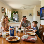 Bright Australian family sitting around a dining table, looking confused and concerned while watching a TV news report about food fraud and unsafe food in Australia