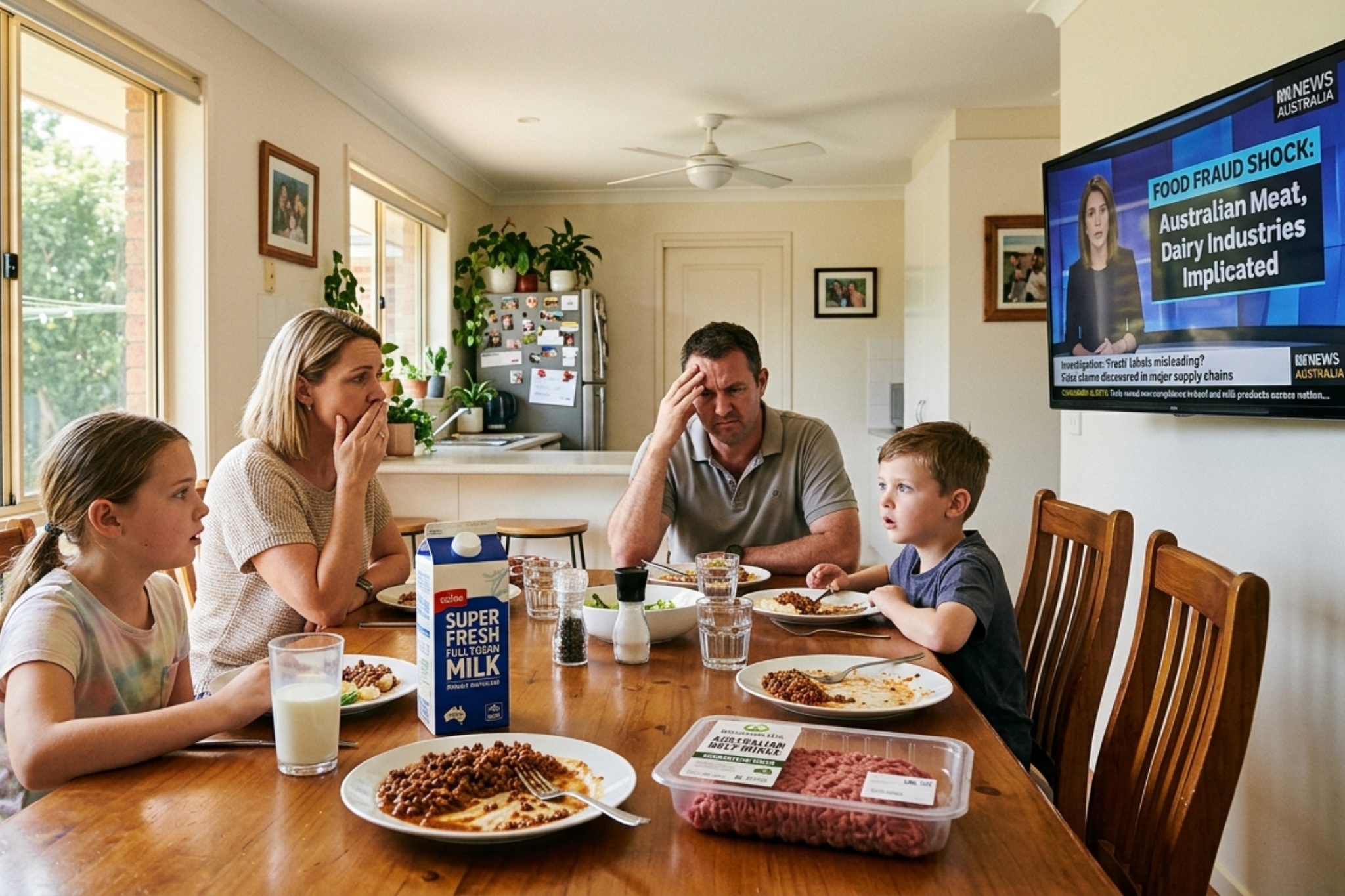 Bright Australian family sitting around a dining table, looking confused and concerned while watching a TV news report about food fraud and unsafe food in Australia