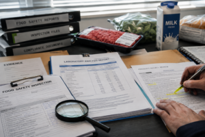 Food safety investigation documents, laboratory reports and food samples being reviewed on an office desk