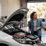 Woman discussing delayed electric vehicle repairs with a mechanic in an automotive workshop