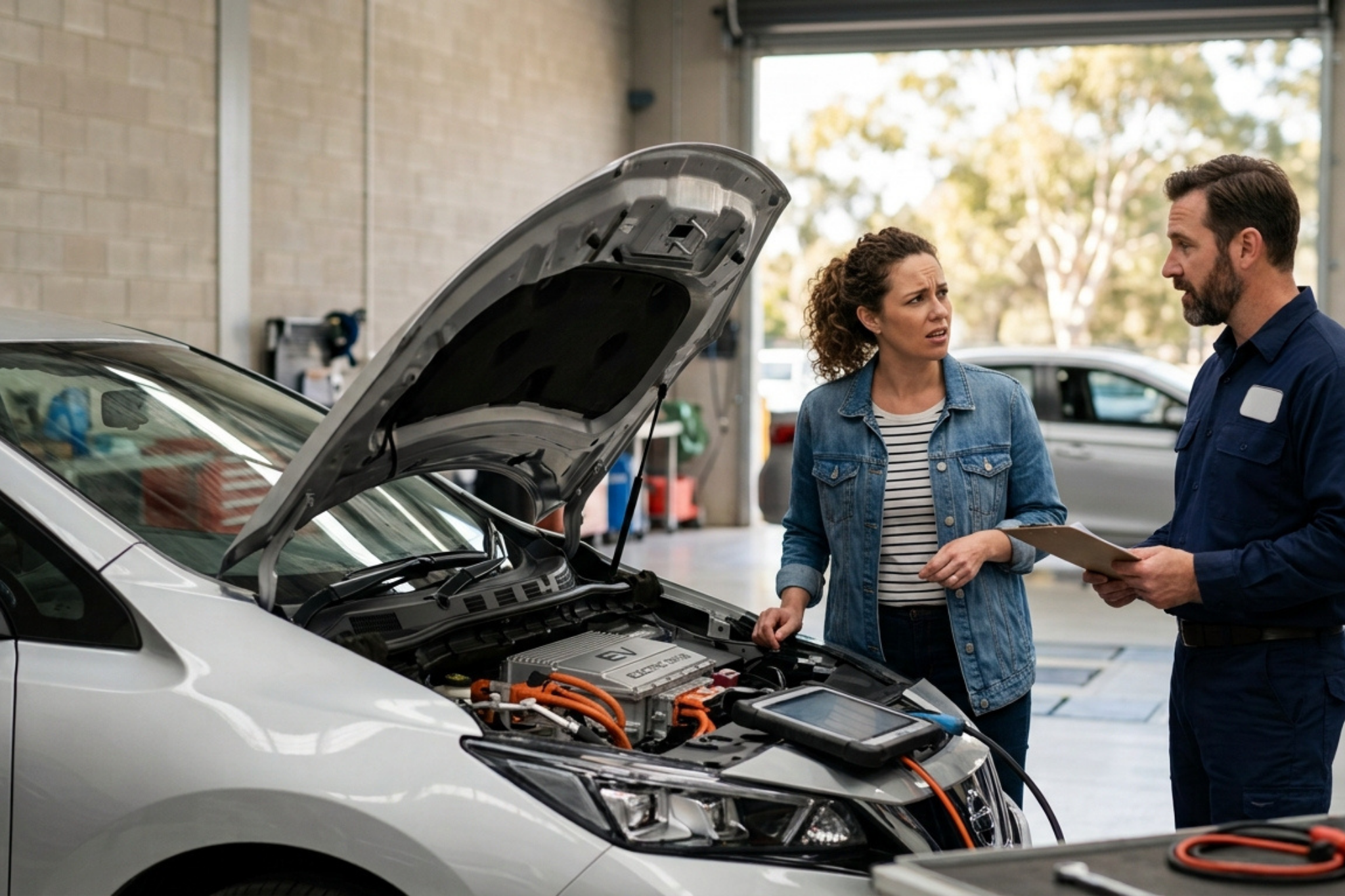 Woman discussing delayed electric vehicle repairs with a mechanic in an automotive workshop