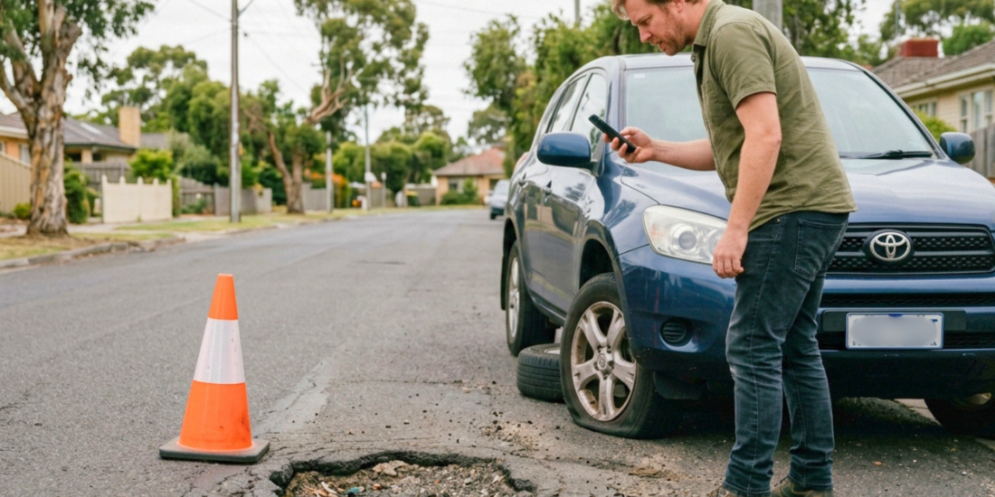 A man photographs a pothole beside his car, which has a flat tyre, as he gathers evidence for a potential damage claim