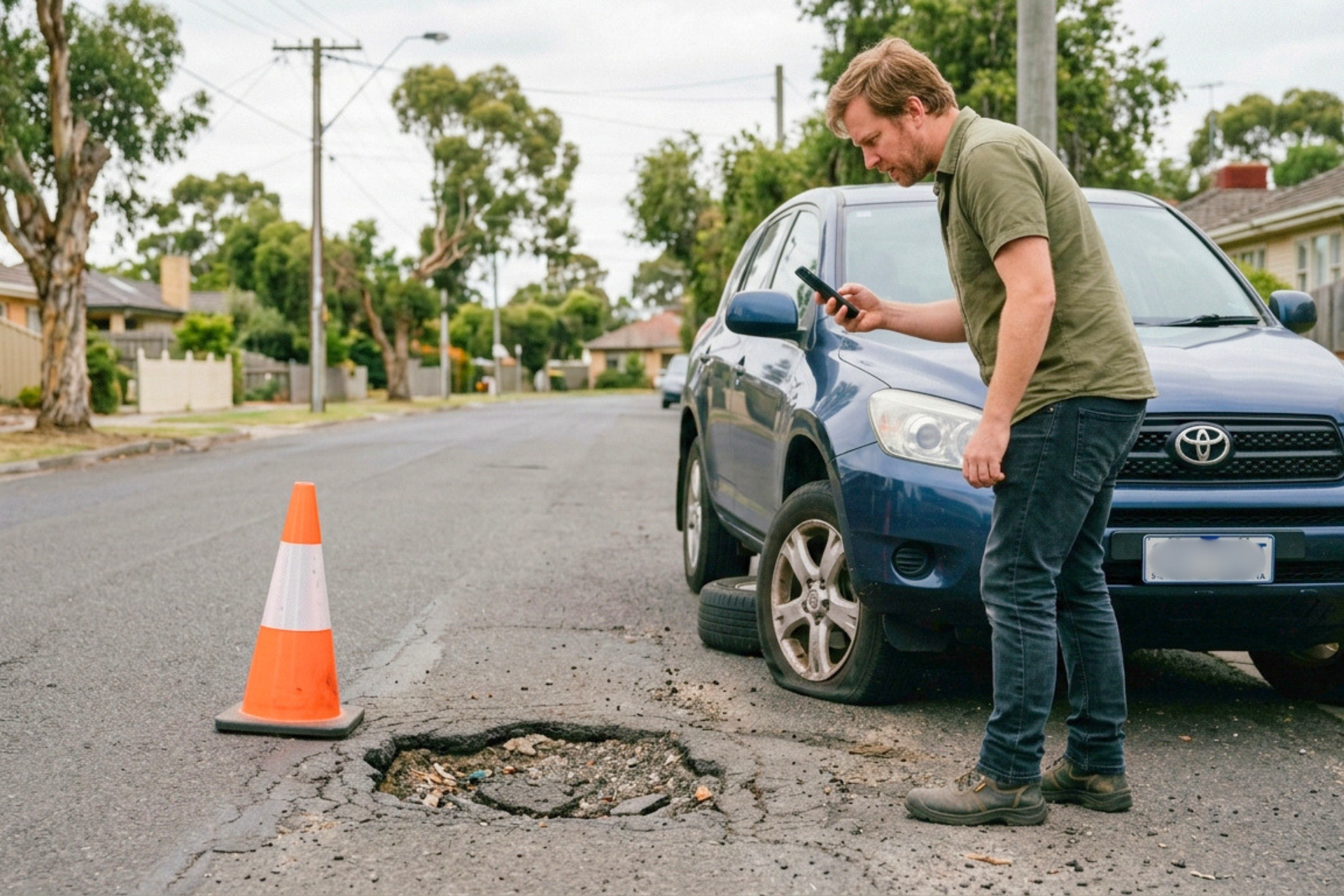 A man photographs a pothole beside his car, which has a flat tyre, as he gathers evidence for a potential damage claim