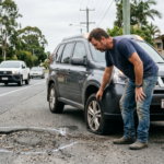 Australian man inspecting a damaged tyre after hitting a pothole on the road