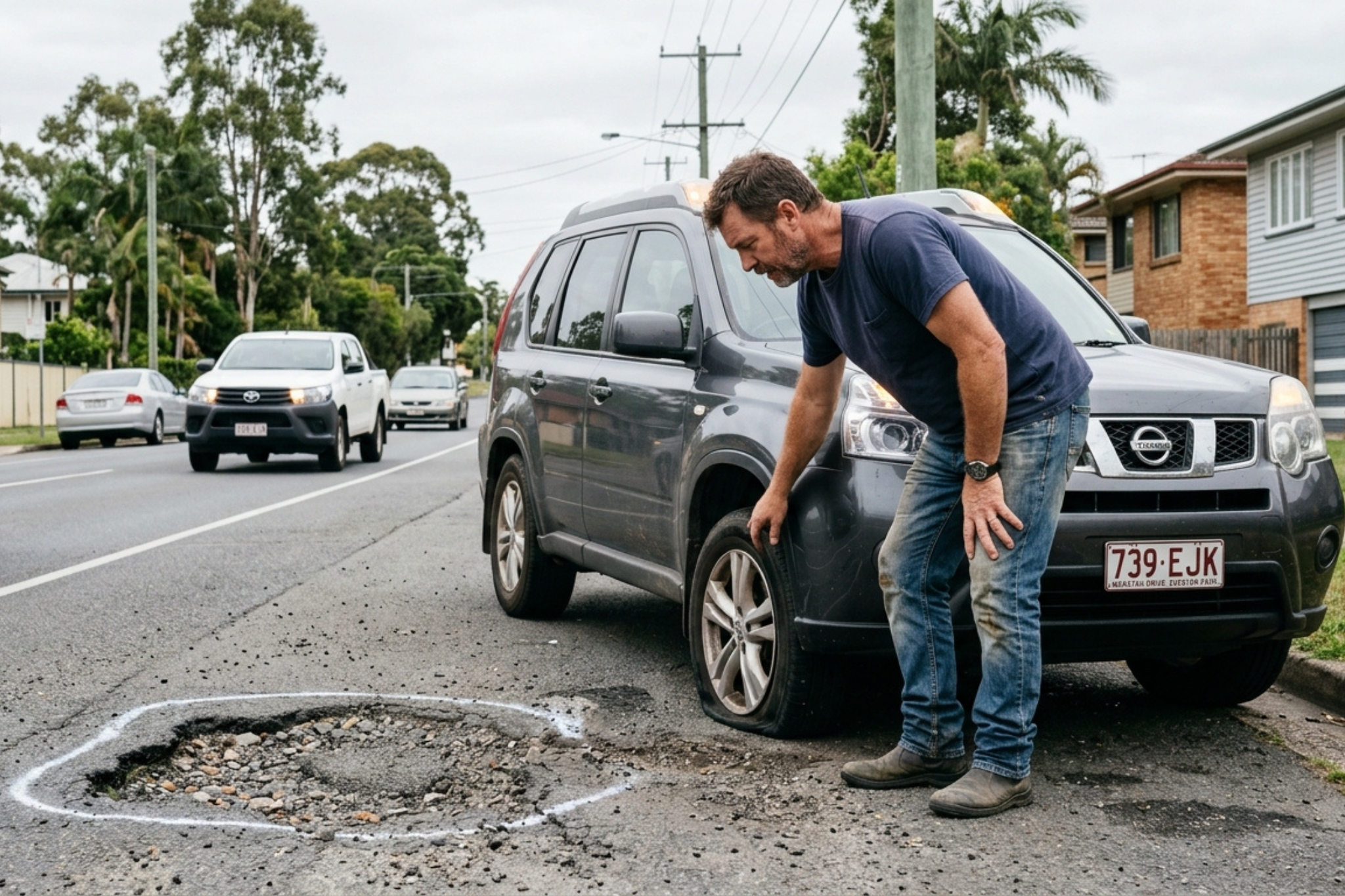 Australian man inspecting a damaged tyre after hitting a pothole on the road