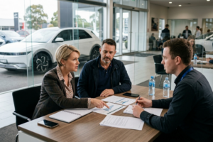 Couple seriously discussing a refund for their electric vehicle with a car dealer