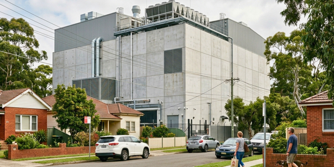 Large data centre surrounded by homes in a leafy Australian suburban neighbourhood