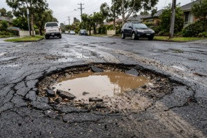 Large potholes filled with rainwater and surrounded by cracks in a damaged Australian road