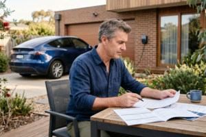 Person reviewing EV warranty papers at a table with an electric vehicle parked outside