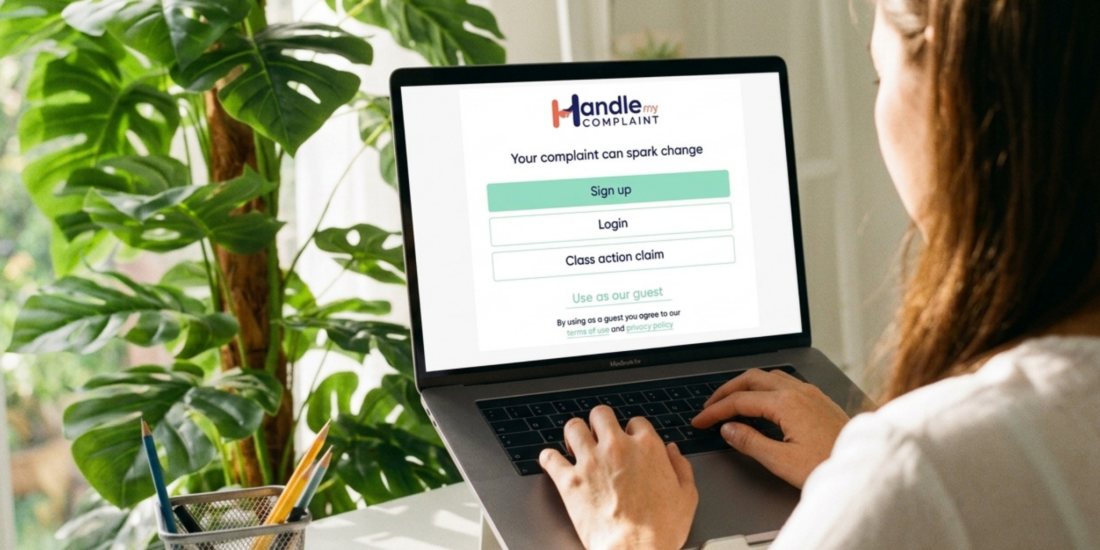 Woman making an electric vehicle complaint through Handle My Complaint (HMC) on a laptop