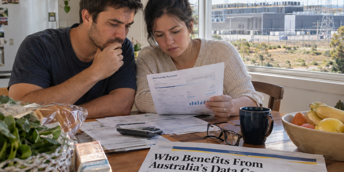 A couple reviews an electricity bill as a data centre stands beyond their window, alongside a newspaper about leasing disused mines for public benefit