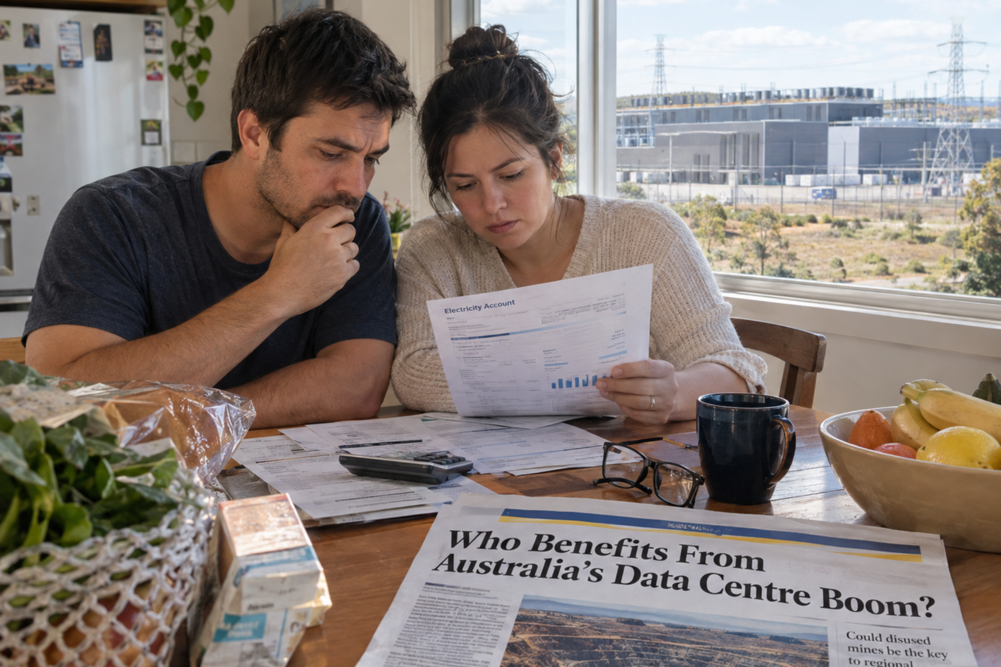 A couple reviews an electricity bill as a data centre stands beyond their window, alongside a newspaper about leasing disused mines for public benefit