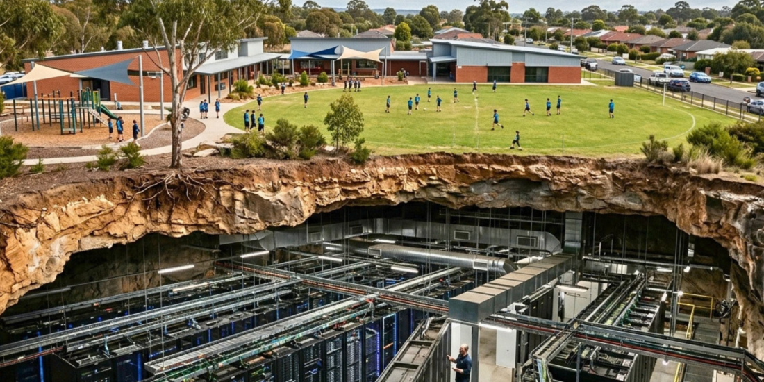A natural Australian school and community above ground, with a large underground data centre built inside a disused mine beneath it