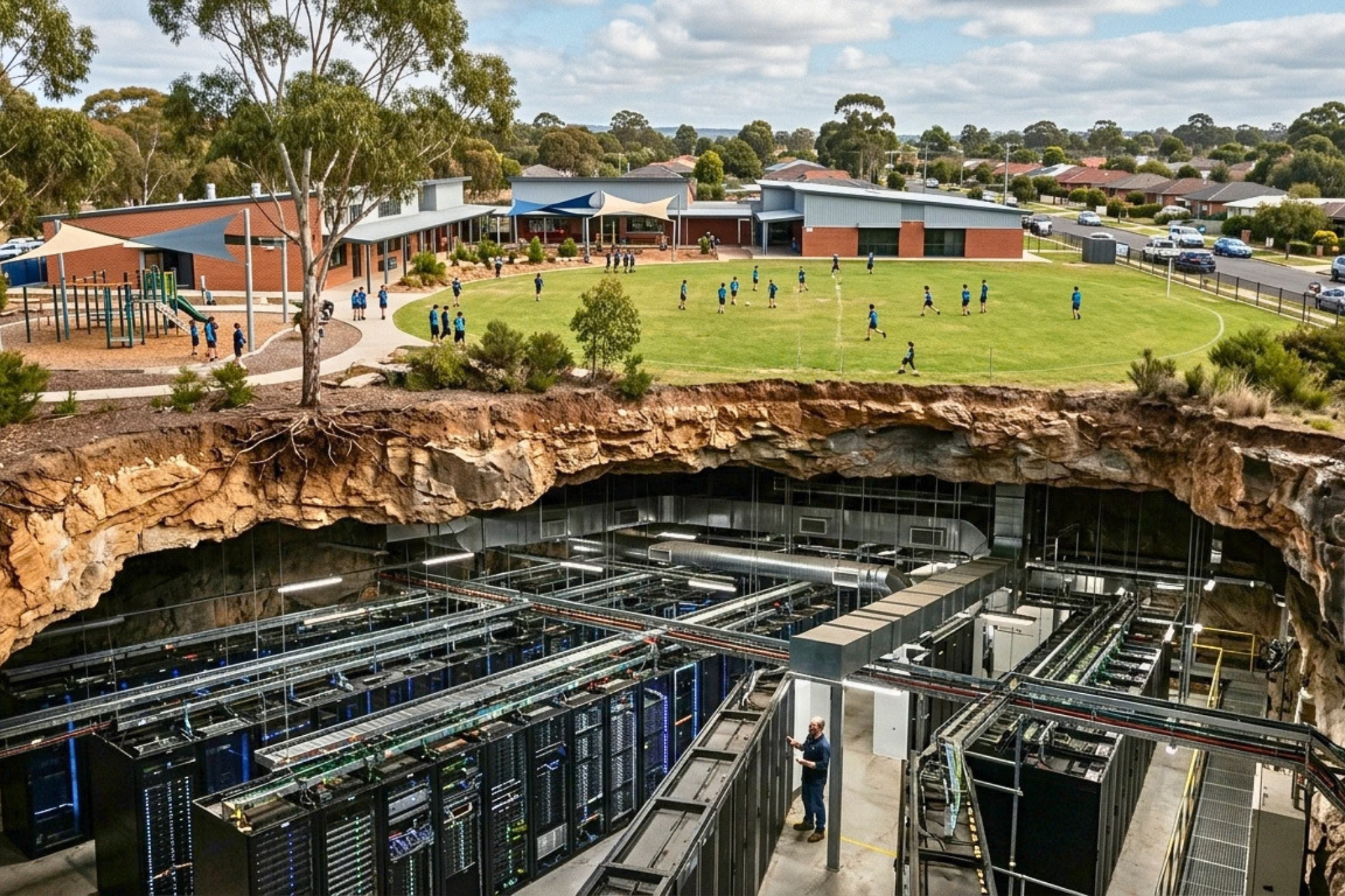 A natural Australian school and community above ground, with a large underground data centre built inside a disused mine beneath it