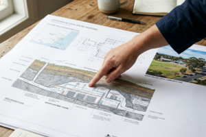 A woman points to an Australian proposal showing a data centre built underground in a disused mine beneath a local community and school