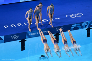 China’s artistic swimming team performs at the Paris 2024 Olympics, where excess heat from a data centre helped warm the Olympic pools