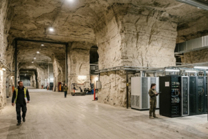 People working inside a vast underground limestone mine converted into a modern business and data centre complex