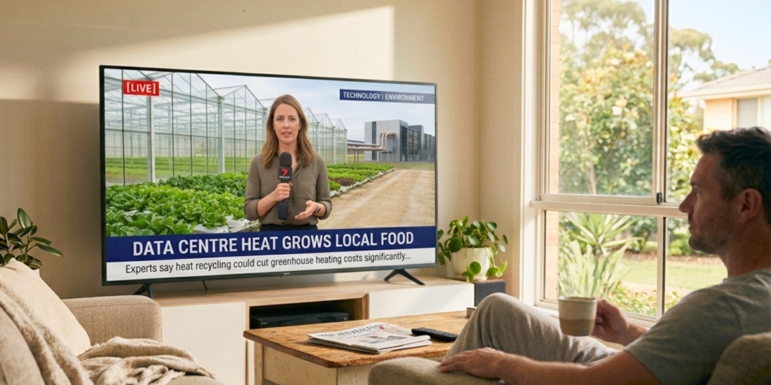 Person watching a morning TV news report about data centre waste heat being used to grow food in a greenhouse, with a news banner reading “Data Centre Heat Grows Local Food”