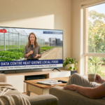 Person watching a morning TV news report about data centre waste heat being used to grow food in a greenhouse, with a news banner reading “Data Centre Heat Grows Local Food”