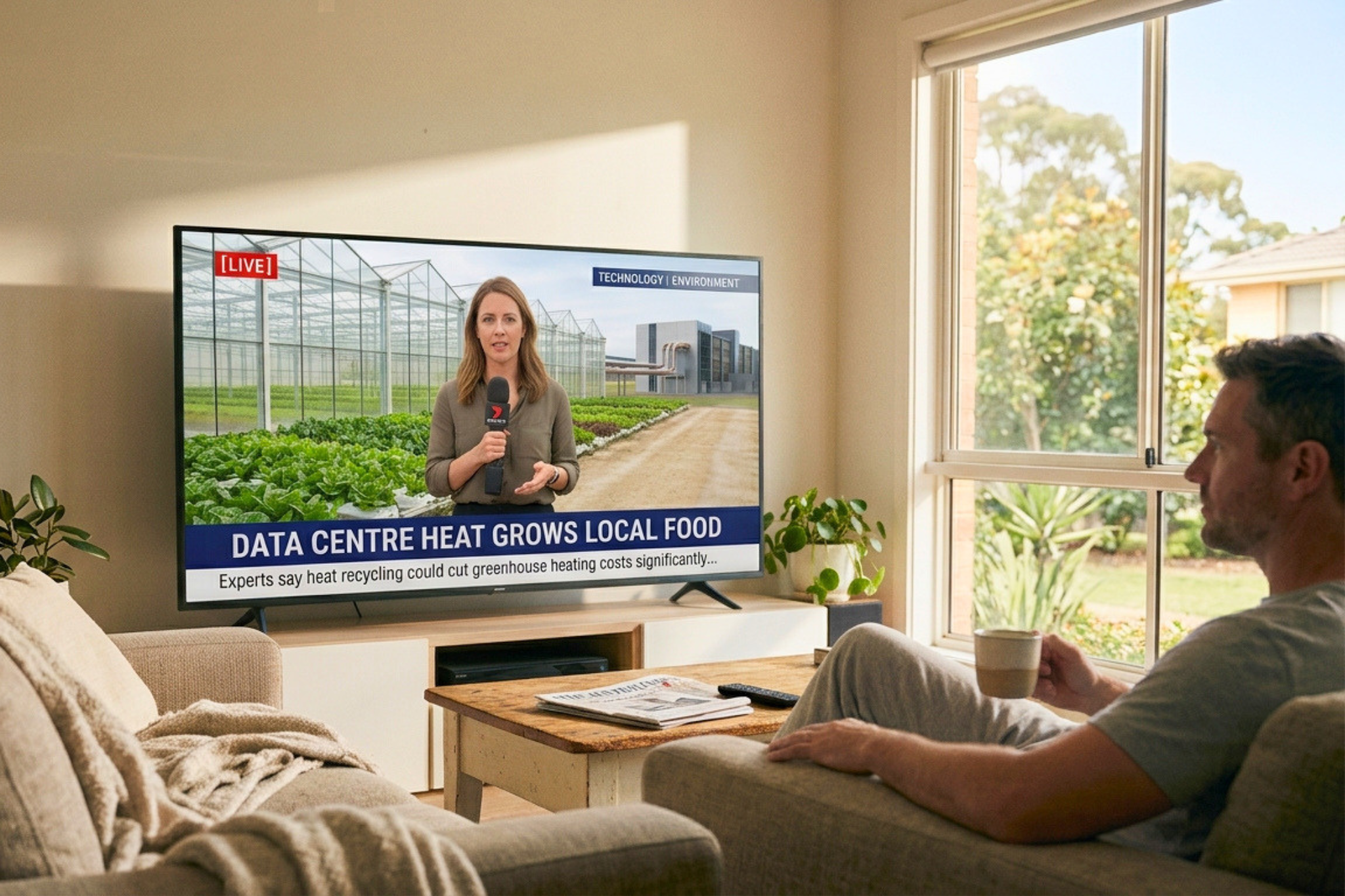 Person watching a morning TV news report about data centre waste heat being used to grow food in a greenhouse, with a news banner reading “Data Centre Heat Grows Local Food”