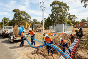 Utility workers installing fibre-optic cables alongside electricity infrastructure to improve connectivity and avoid duplicate construction work.